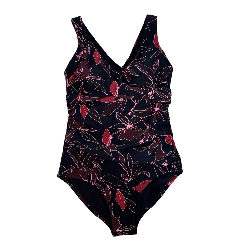 Eddie Bauer Ruched Shaping One Piece Swimsuit Bathing Suit Black Floral M NEW